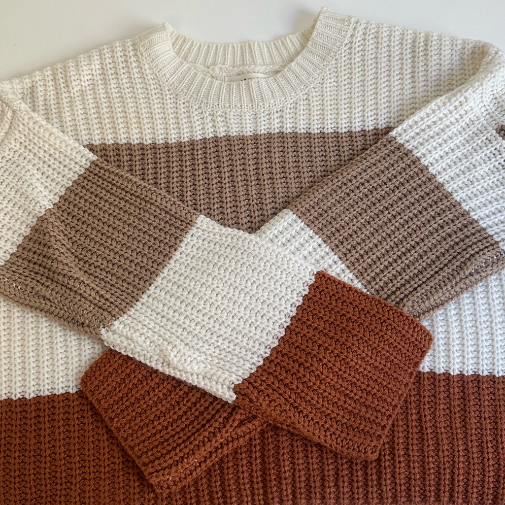 Moon & Madison Striped Color Block Knit Sweater In Cream, Tan, And Brown
